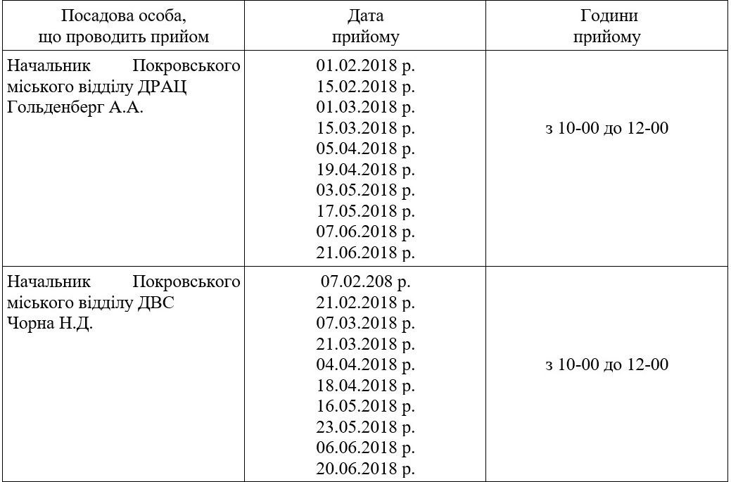 графік проведення посадовими особами головного територіального  управління юстиції у дніпропетровській області консультування  у відділі “покровське бюро правової допомоги”  на і півріччя 2018 року - изображение 1 графік проведення посадовими особами головного територіального  управління юстиції у дніпропетровській області консультування  у відділі “покровське бюро правової допомоги”  на і півріччя 2018 року - изображение 1